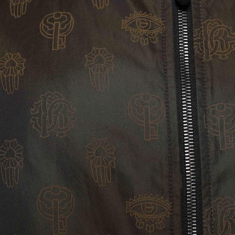 Pre Owned Roberto Cavalli Firenze Brown Logo Evil Eye Printed Synthetic Bomber Jacket M
