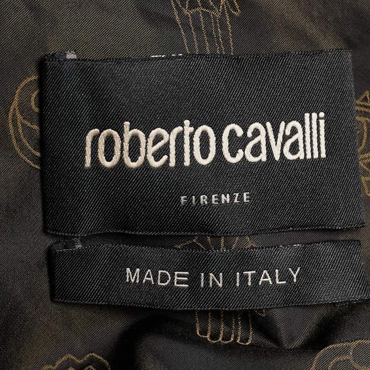Pre Owned Roberto Cavalli Firenze Brown Logo Evil Eye Printed Synthetic Bomber Jacket M
