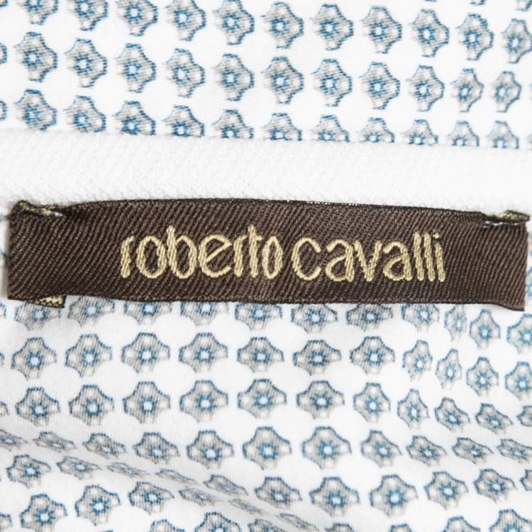 Pre Owned Roberto Cavalli White Cotton Printed Collar Polo T-Shirt L