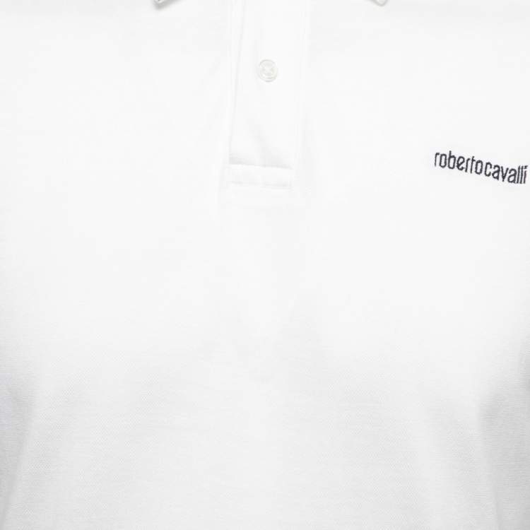 Pre Owned Roberto Cavalli White Cotton Printed Collar Polo T-Shirt L