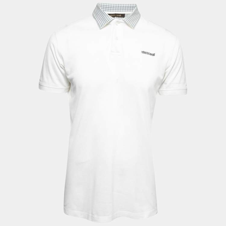 Pre Owned Roberto Cavalli White Cotton Printed Collar Polo T-Shirt L
