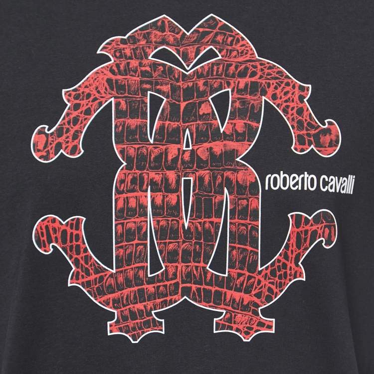 Pre Owned Roberto Cavalli Black Cotton Logo Print T-Shirt XL