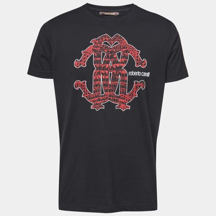 Pre Owned Roberto Cavalli Black Cotton Logo Print T-Shirt XL