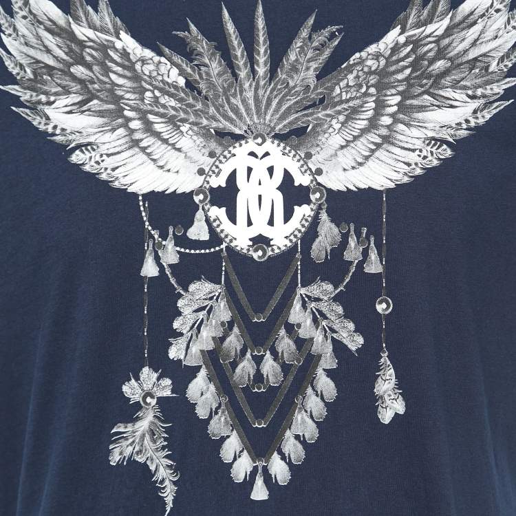 مملوكة مسبقًا Roberto Cavalli Navy Blue Cotton Graphic Print T-Shirt XL