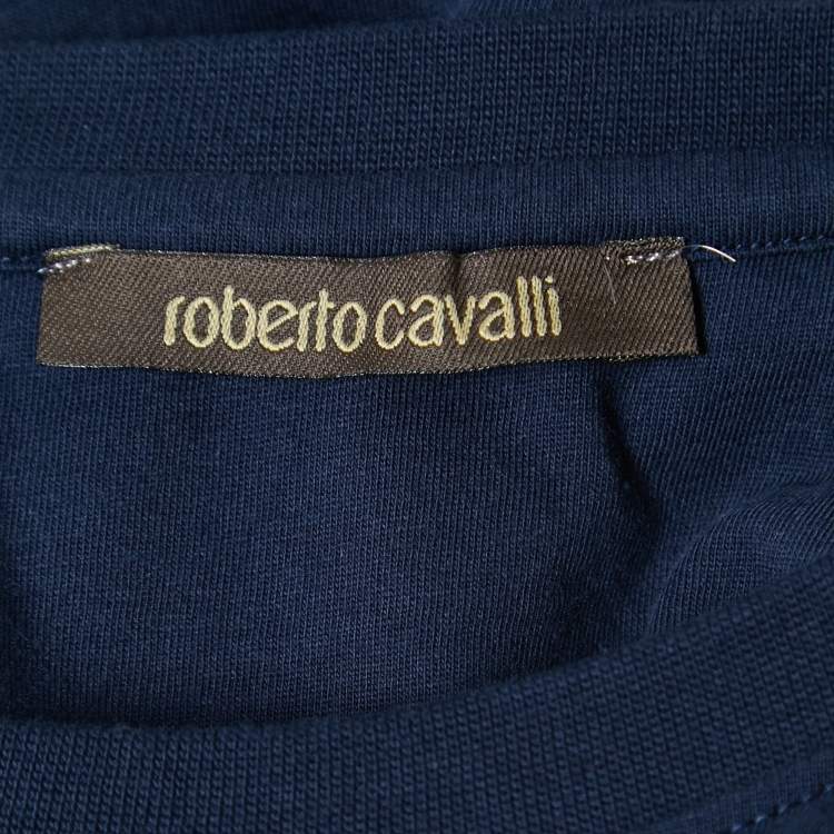 مملوكة مسبقًا Roberto Cavalli Navy Blue Cotton Graphic Print T-Shirt XL