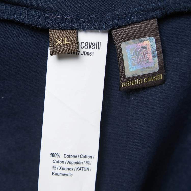 Pre Owned Roberto Cavalli Navy Blue Cotton Snake Logo Print T-Shirt XL