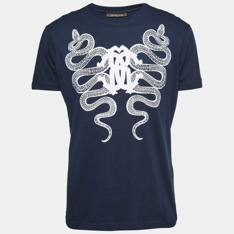 Pre Owned Roberto Cavalli Navy Blue Cotton Snake Logo Print T-Shirt XL