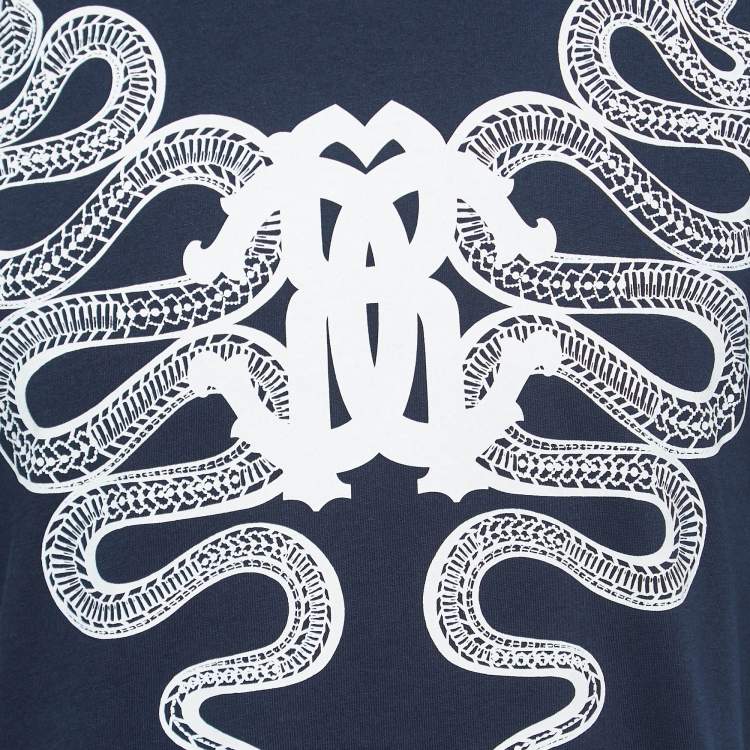 Pre Owned Roberto Cavalli Navy Blue Cotton Snake Logo Print T-Shirt XL