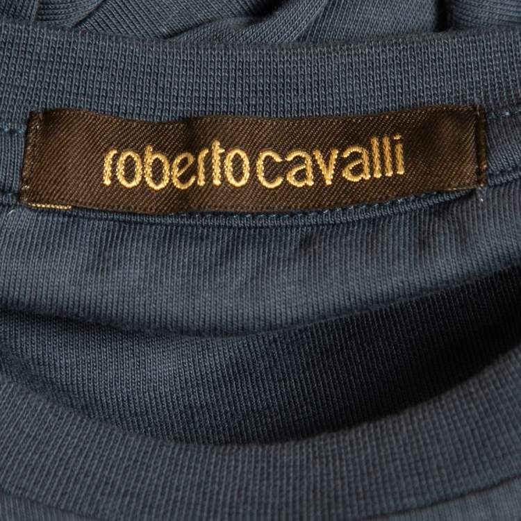Pre Owned Roberto Cavalli Blue Signature Striking Tiger Print Cotton T-Shirt L