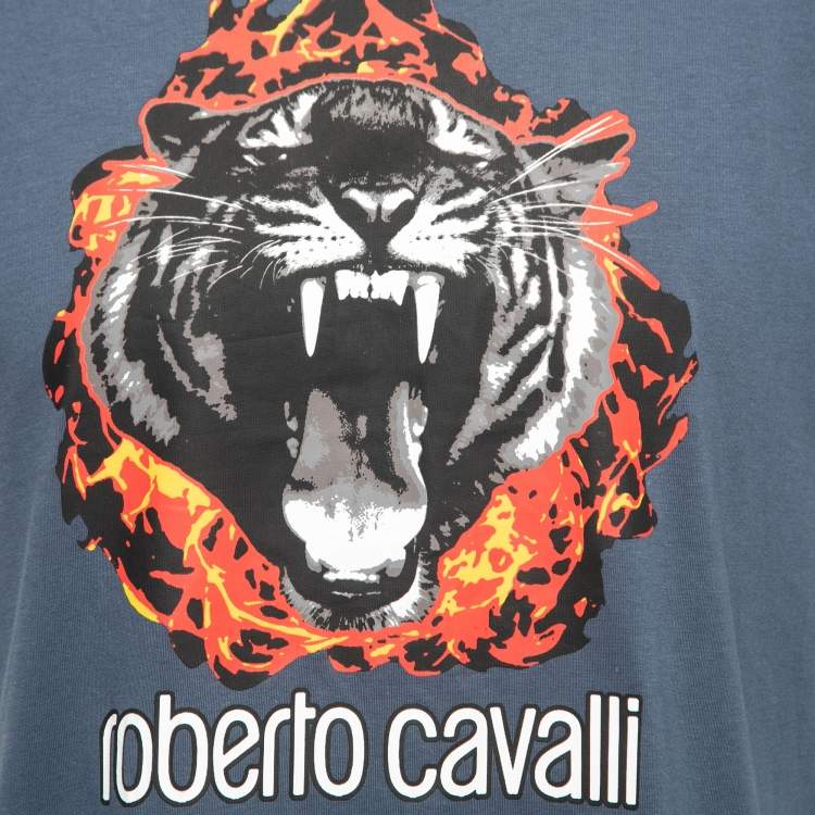 Pre Owned Roberto Cavalli Blue Signature Striking Tiger Print Cotton T-Shirt L