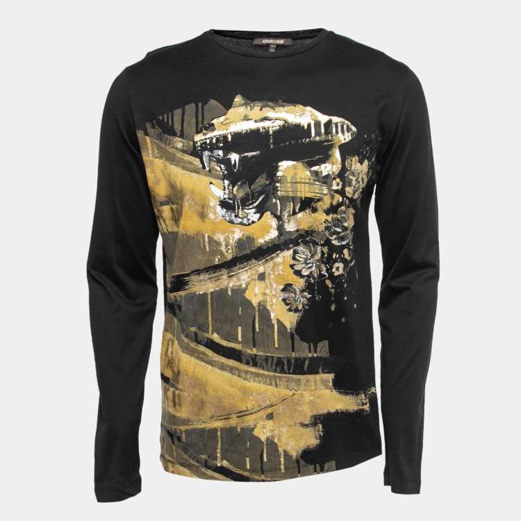 Pre Owned Roberto Cavalli Black Abstract Print Cotton Long Sleeve T-Shirt M