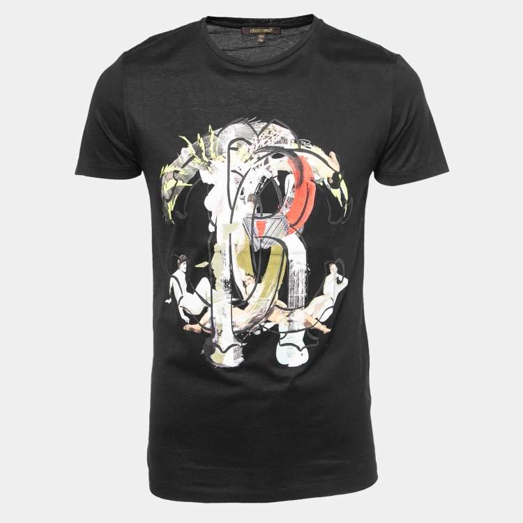 Pre Owned Roberto Cavalli Black Printed Cotton Short Sleeve T-Shirt S
