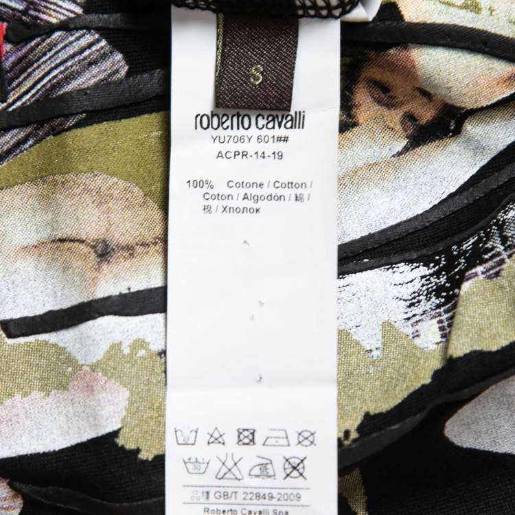 Pre Owned Roberto Cavalli Black Printed Cotton Short Sleeve T-Shirt S