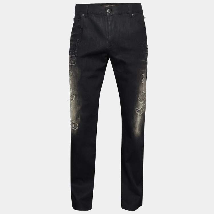 Pre Owned Roberto Cavalli Black Denim Distressed Jeans XL