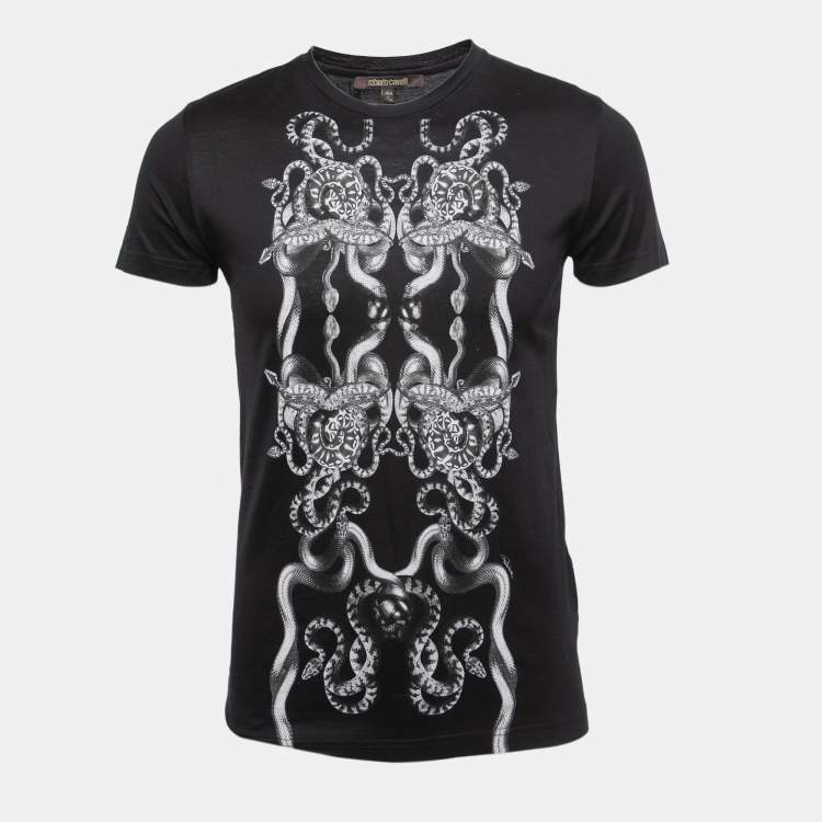 Pre Owned Roberto Cavalli Black Snake Print Cotton Crew Neck T-Shirt S
