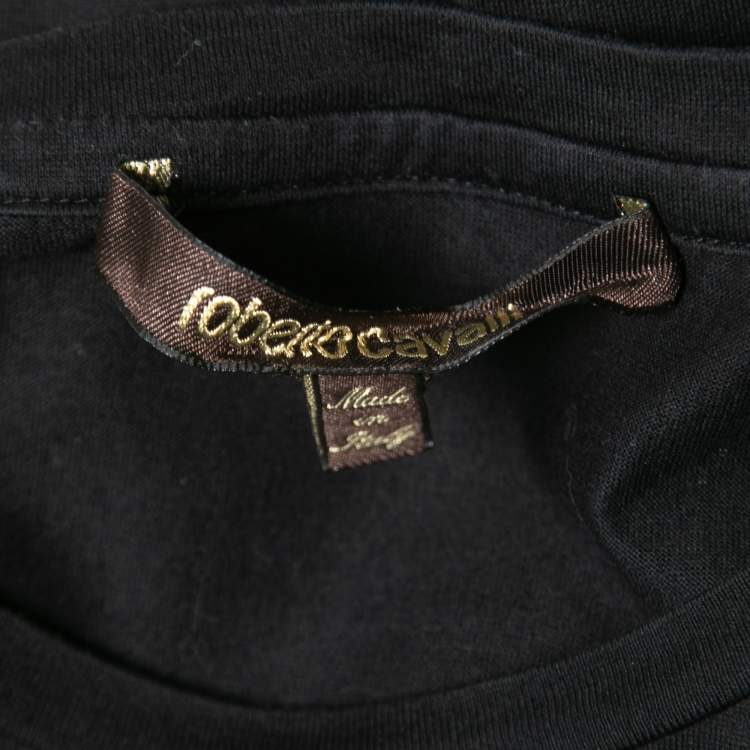 Pre Owned Roberto Cavalli Black Logo Print Cotton Crew Neck T-Shirt S