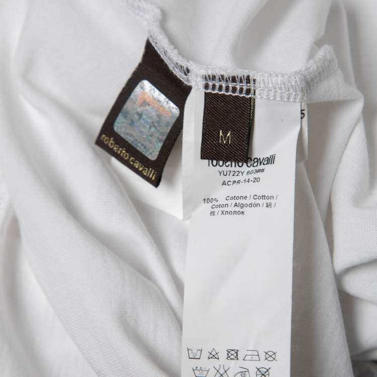 Pre Owned Roberto Cavalli White Printed Cotton Crew Neck Full Sleeve T-Shirt M