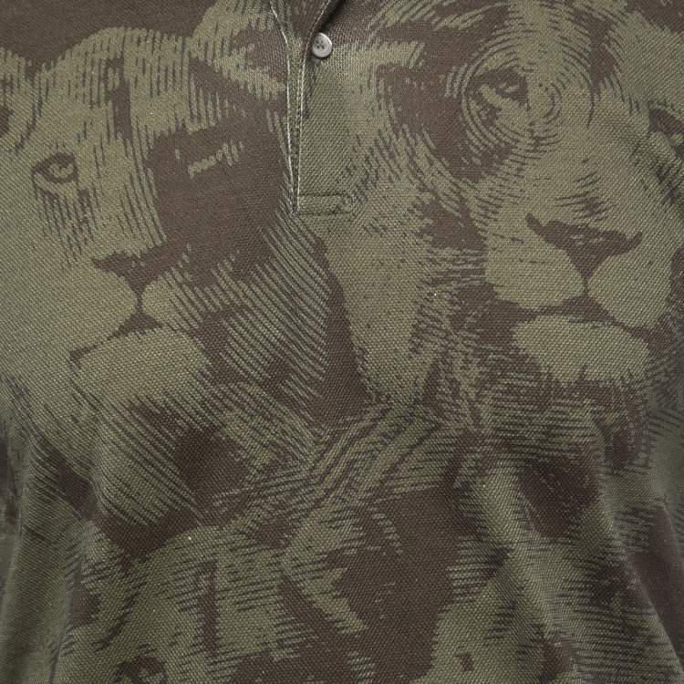 Pre Owned Roberto Cavalli Military Green Lion Print Cotton Leather Trimmed Polo T-Shirt S