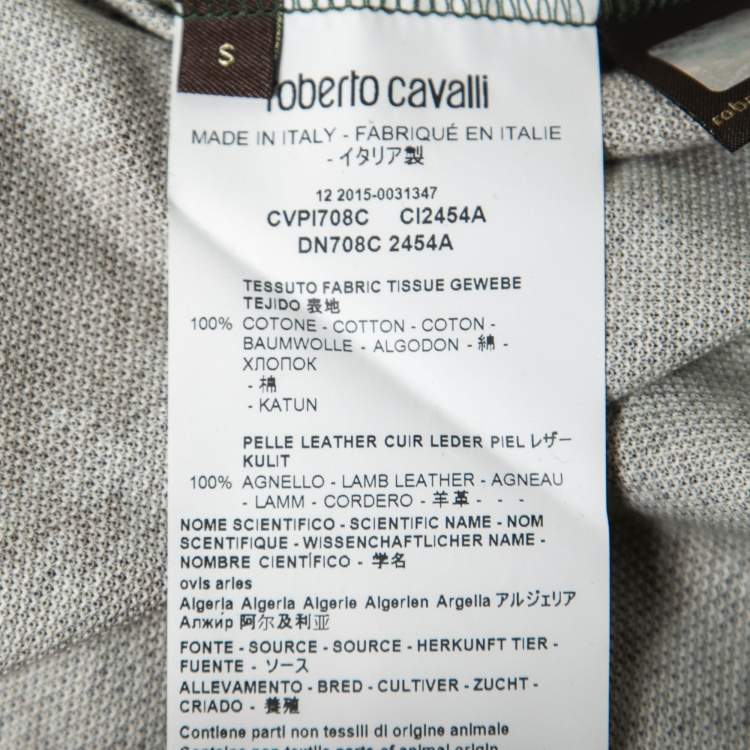 Pre Owned Roberto Cavalli Military Green Lion Print Cotton Leather Trimmed Polo T-Shirt S