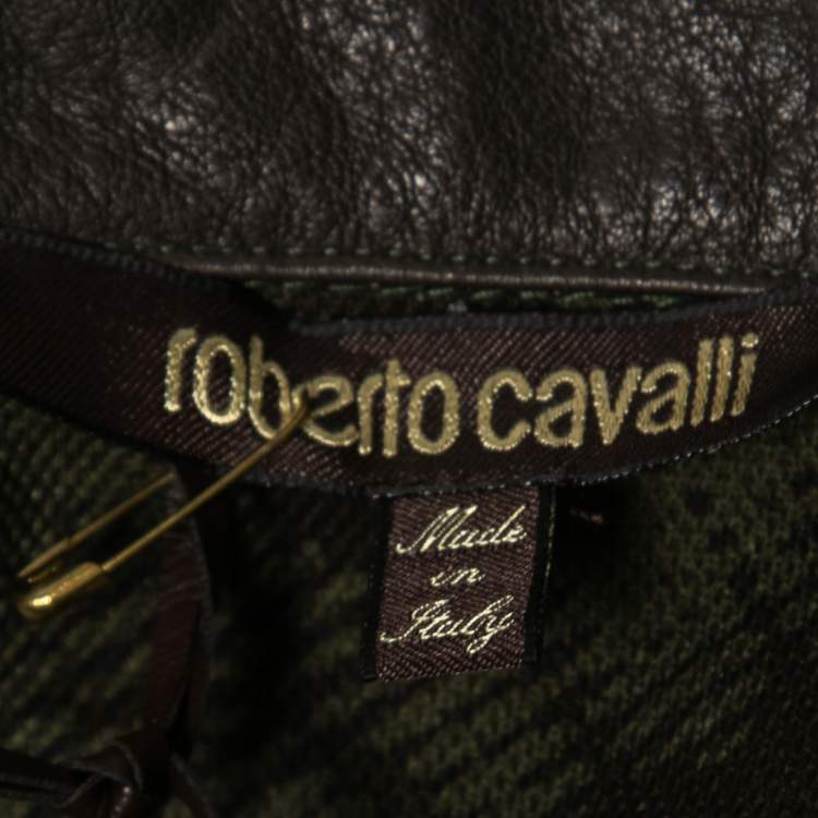 Pre Owned Roberto Cavalli Military Green Lion Print Cotton Leather Trimmed Polo T-Shirt S