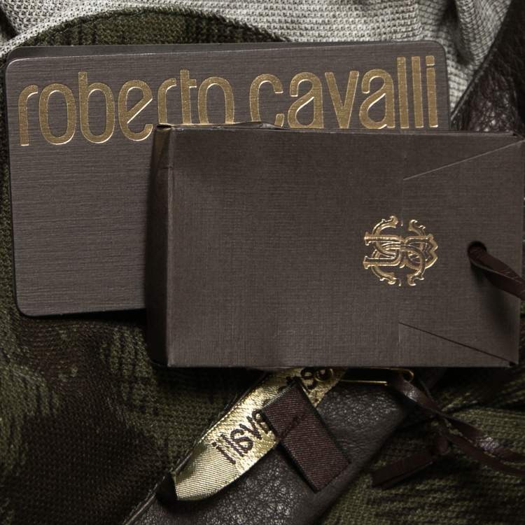 Pre Owned Roberto Cavalli Military Green Lion Print Cotton Leather Trimmed Polo T-Shirt S