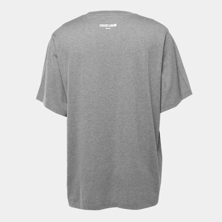 Pre Owned Roberto Cavalli Grey Logo Print Cotton Crew Neck Half Sleeve T-Shirt XXL