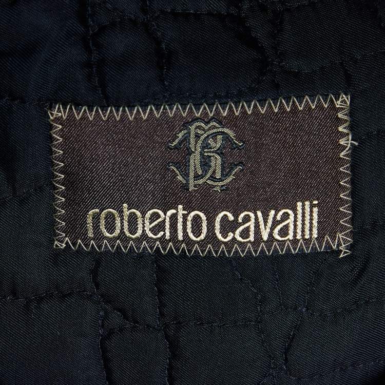 Pre Owned Roberto Cavalli Black Synthetic Knit & Leather Trim Bomber Jacket 4XL