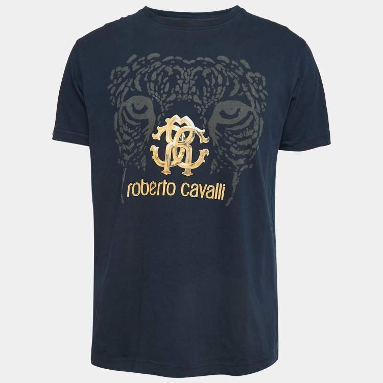 Pre Owned Roberto Cavalli Navy Blue Logo Print Cotton Half Sleeve T-Shirt XL