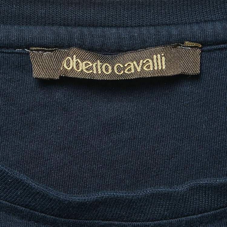 Pre Owned Roberto Cavalli Navy Blue Logo Print Cotton Half Sleeve T-Shirt XL