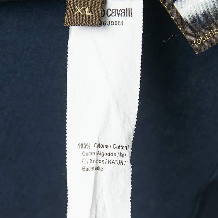 Pre Owned Roberto Cavalli Navy Blue Logo Print Cotton Half Sleeve T-Shirt XL