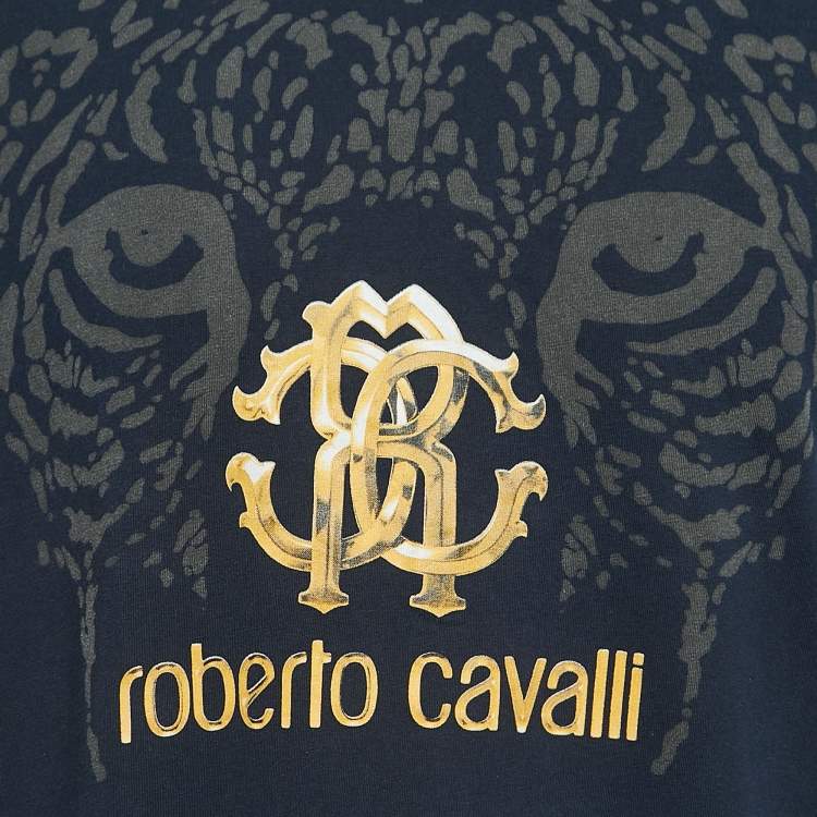 Pre Owned Roberto Cavalli Navy Blue Logo Print Cotton Half Sleeve T-Shirt XL