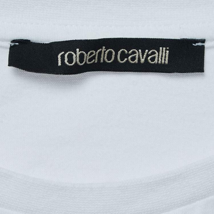 Pre Owned Roberto Cavalli White Logo Tiger Print Cotton Crew Neck T-Shirt XXL