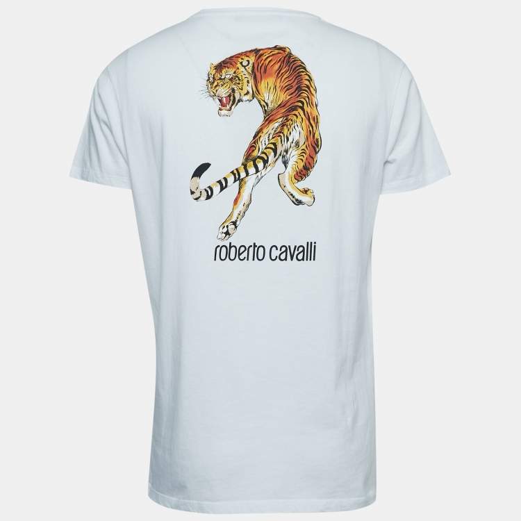 Pre Owned Roberto Cavalli White Logo Tiger Print Cotton Crew Neck T-Shirt XXL
