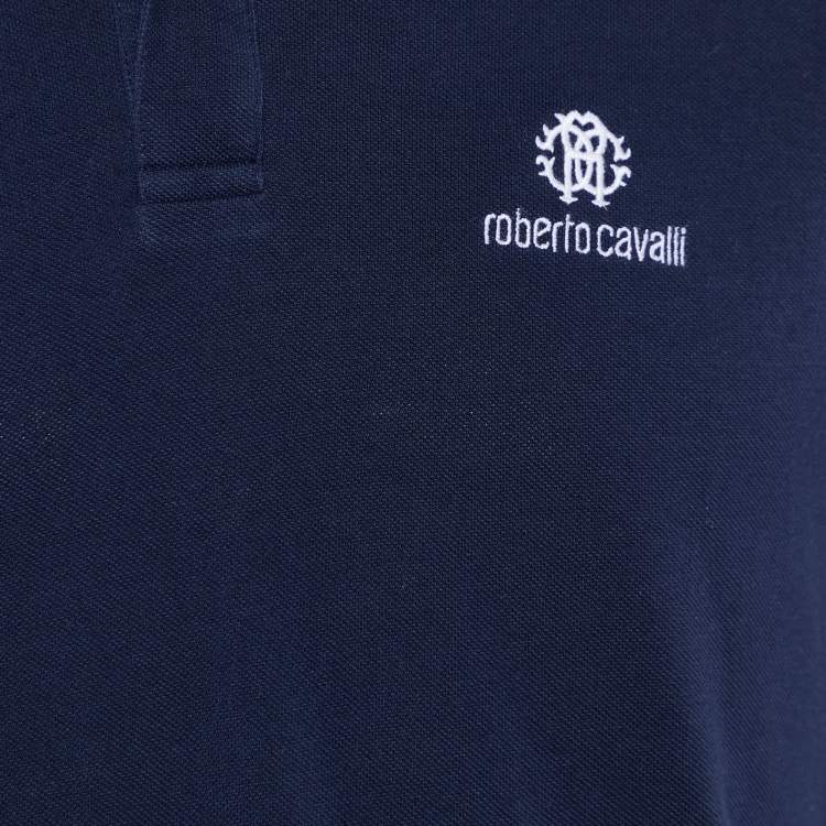 Pre Owned Roberto Cavalli Navy Blue Logo Embroidered Cotton Polo T-Shirt L