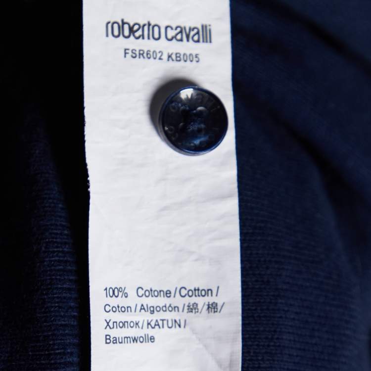 Pre Owned Roberto Cavalli Navy Blue Logo Embroidered Cotton Polo T-Shirt L