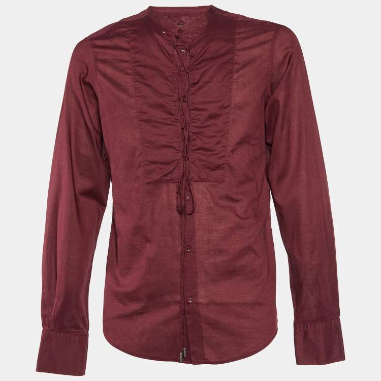 Pre Owned Roberto Cavalli Burgundy Cotton Embroidered Lace Up Detail Shirt XL