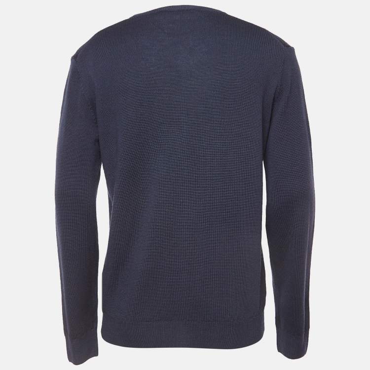 Pre Owned Roberto Cavalli Navy Blue Wool Knit V-Neck Sweatshirt XL
