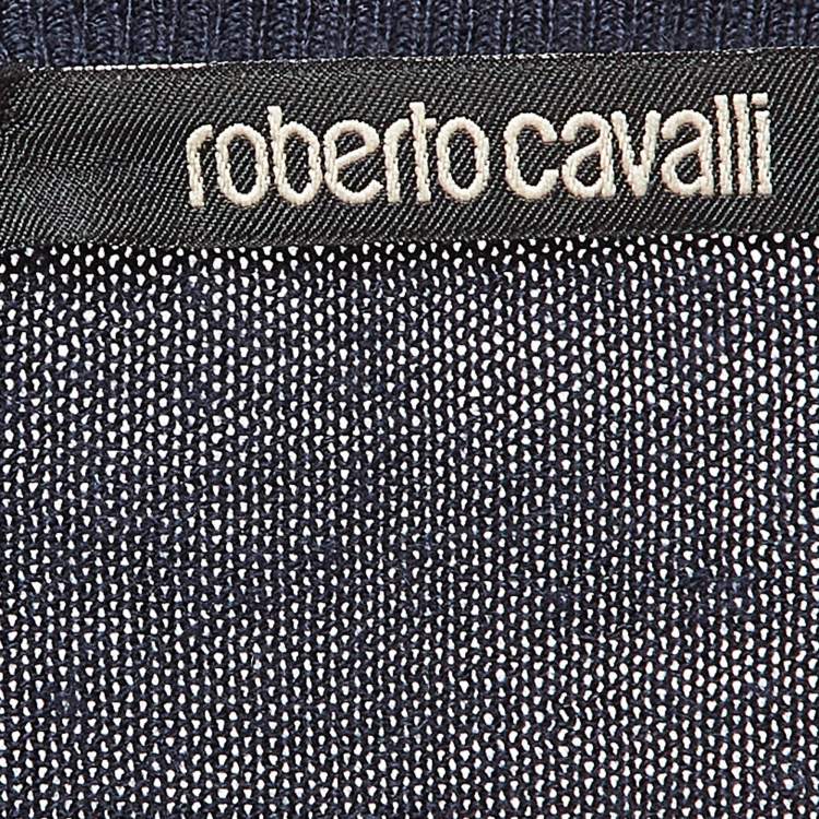 Pre Owned Roberto Cavalli Navy Blue Wool Knit V-Neck Sweatshirt XL