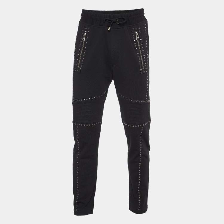 Pre Owned Robert Cavalli Black Cotton Knit Embellished Track Pants L