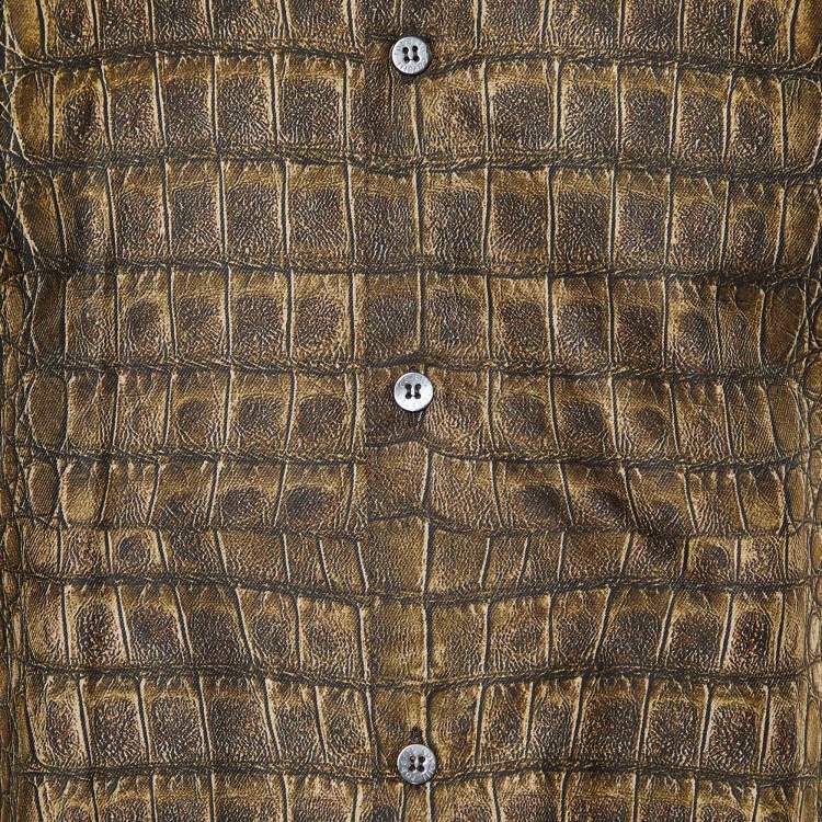 مملوكة مسبقًا Roberto Cavalli Olive Brown Leather Print Cotton & Silk Long Sleeve Shirt L
