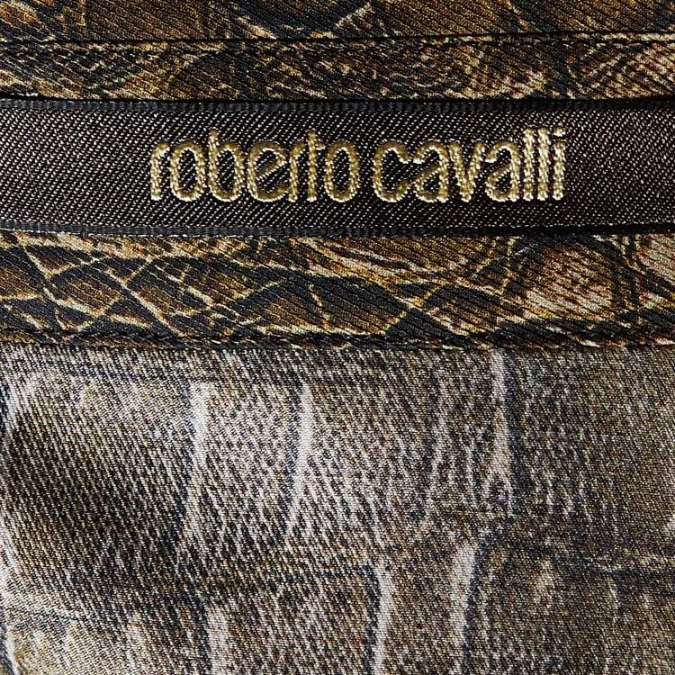 مملوكة مسبقًا Roberto Cavalli Olive Brown Leather Print Cotton & Silk Long Sleeve Shirt L