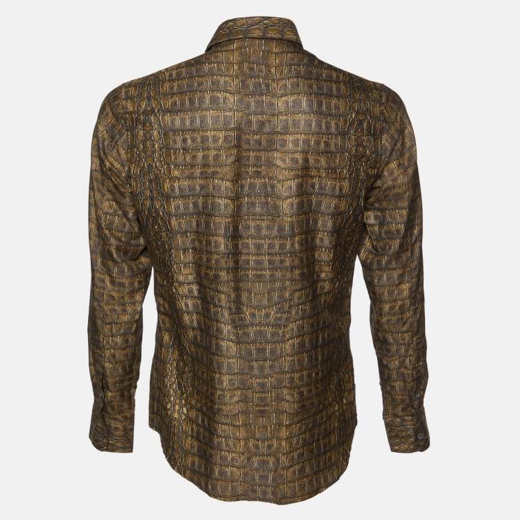 مملوكة مسبقًا Roberto Cavalli Olive Brown Leather Print Cotton & Silk Long Sleeve Shirt L