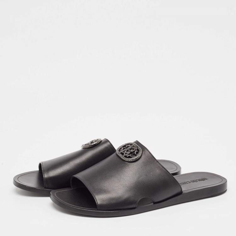 مملوكة مسبقًا Roberto Cavalli Black Leather Logo Flat Slide Sandals Size 43