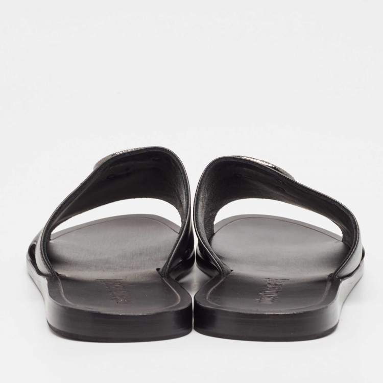 مملوكة مسبقًا Roberto Cavalli Black Leather Logo Flat Slide Sandals Size 43