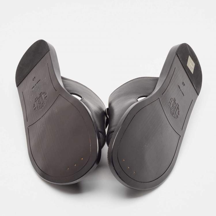 مملوكة مسبقًا Roberto Cavalli Black Leather Logo Flat Slide Sandals Size 43