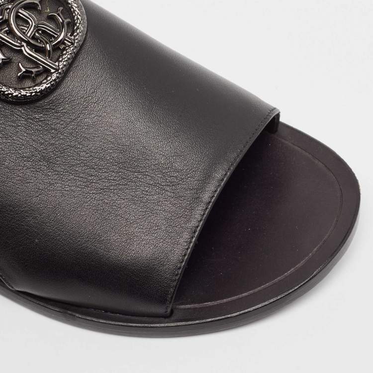 مملوكة مسبقًا Roberto Cavalli Black Leather Logo Flat Slide Sandals Size 43