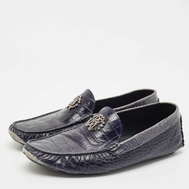Pre Owned Roberto Cavalli Navy Blue Croc Embossed Leather Slip on Loafers Size 44