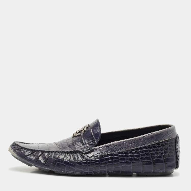 Pre Owned Roberto Cavalli Navy Blue Croc Embossed Leather Slip on Loafers Size 44