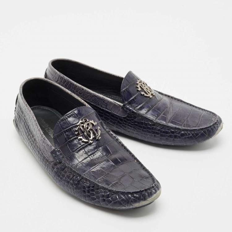 Pre Owned Roberto Cavalli Navy Blue Croc Embossed Leather Slip on Loafers Size 44
