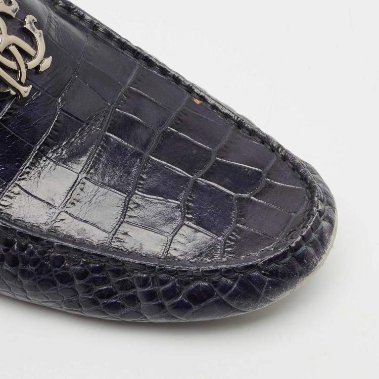 Pre Owned Roberto Cavalli Navy Blue Croc Embossed Leather Slip on Loafers Size 44